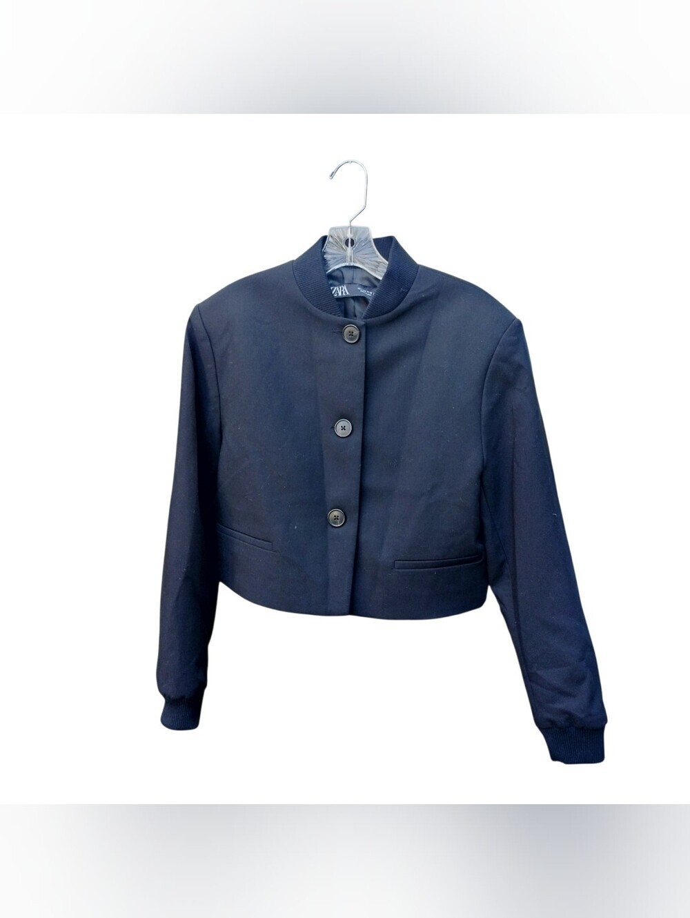 ZARA Black Cropped Bomber Blazer Jacket Button Front Size Small